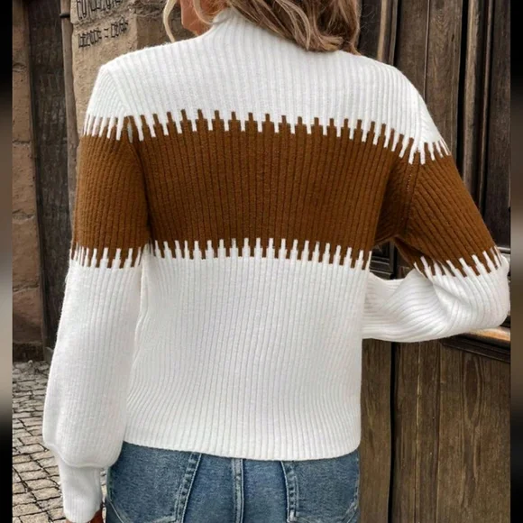 Turtleneck Lantern Sleeve Color Block Patchwork Casual Work Wear Sweater - Picture 2 of 4